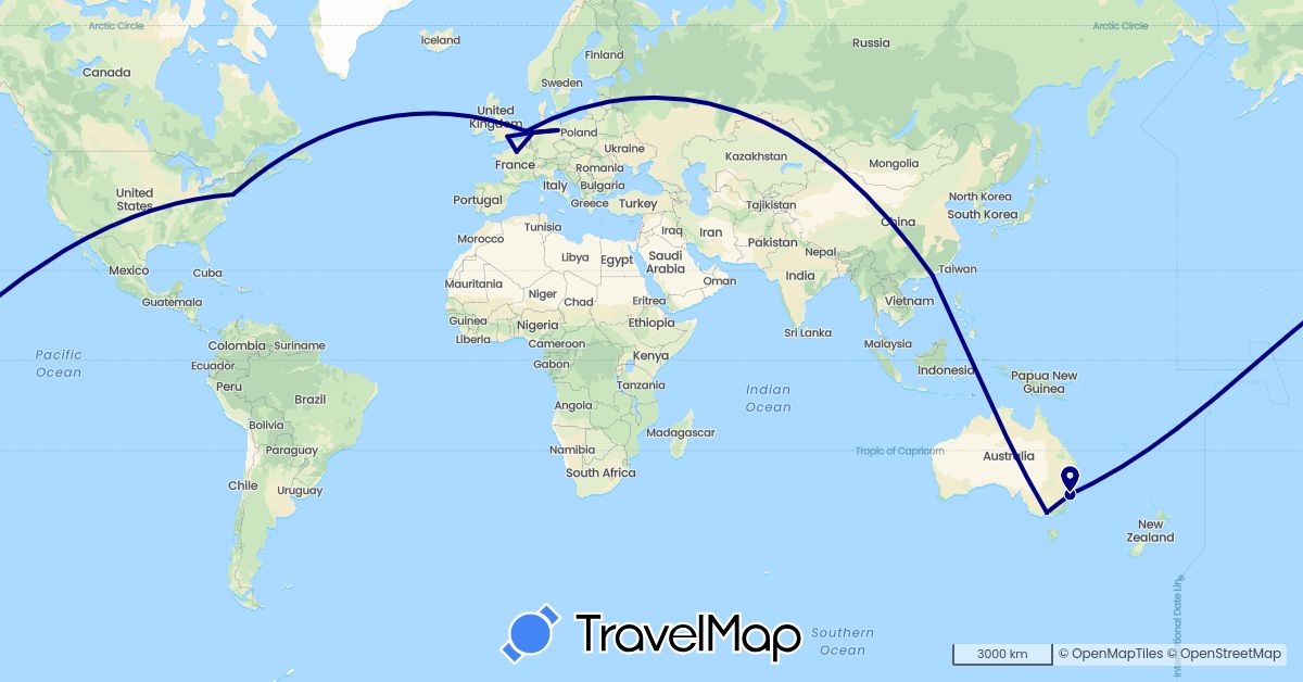 TravelMap itinerary: driving in Australia, China, Germany, France, United Kingdom, Netherlands, United States (Asia, Europe, North America, Oceania)